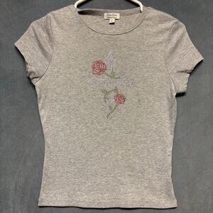 Faded Rose Essentials Ribbed Rhinestone Cross Tee Gray Large Y2K Inspo Skater